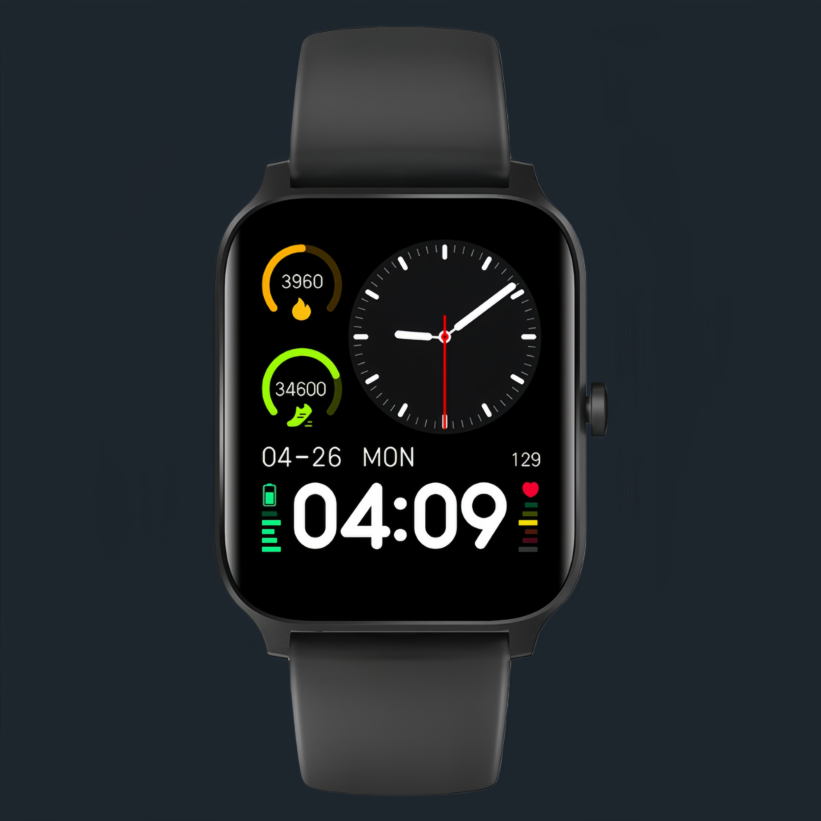 Black watch-form wearable with a rectangular color display and black strap.