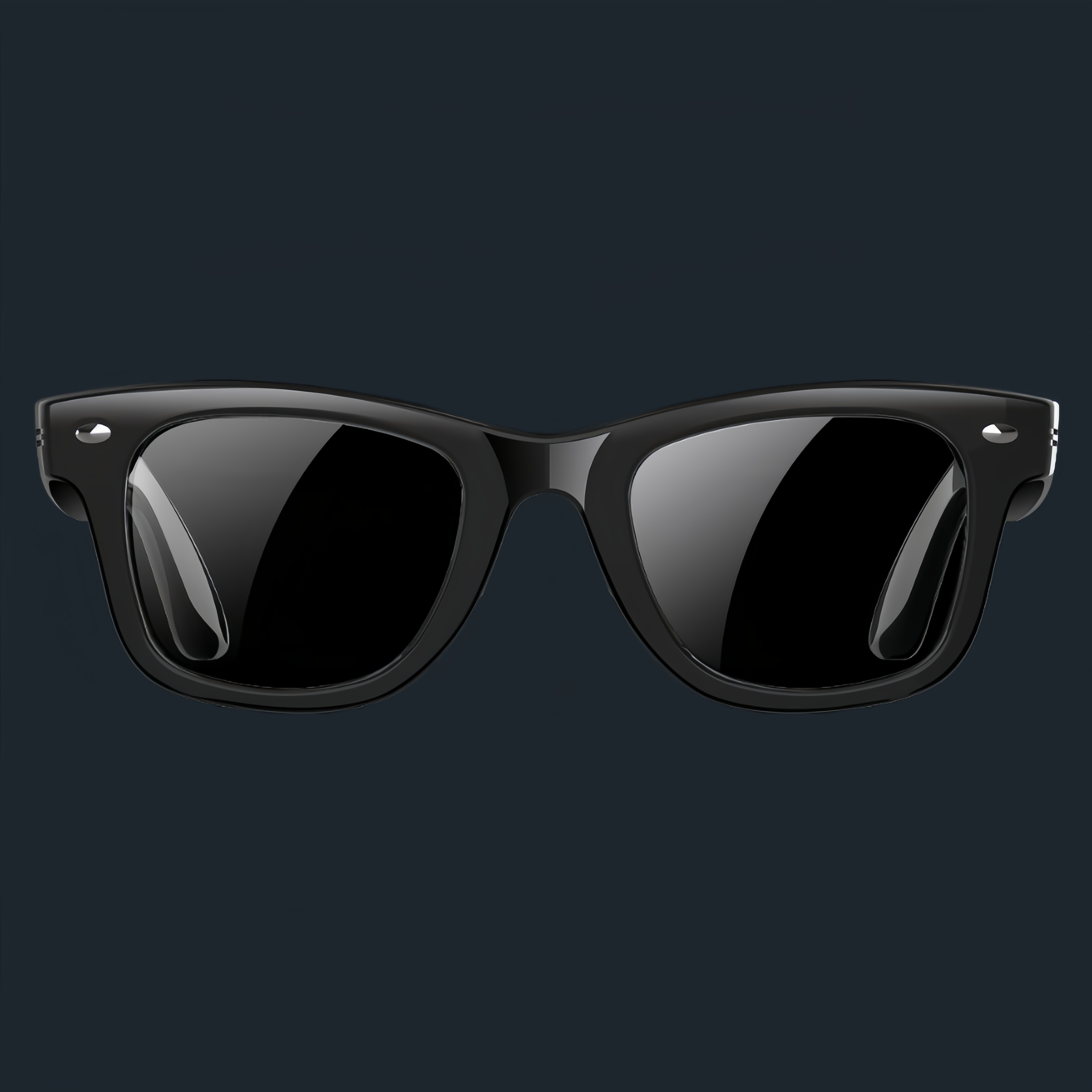 Front view of black sunglasses against a dark background.