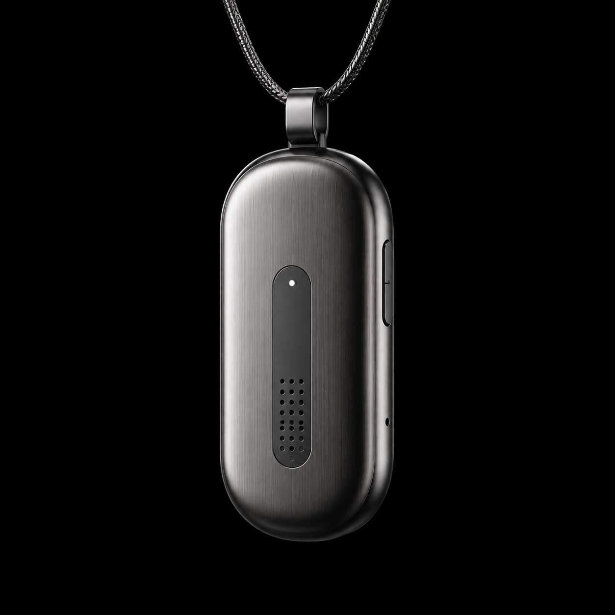 AI-generated metallic pendant appearance concept, suspended from a necklace against a black background.